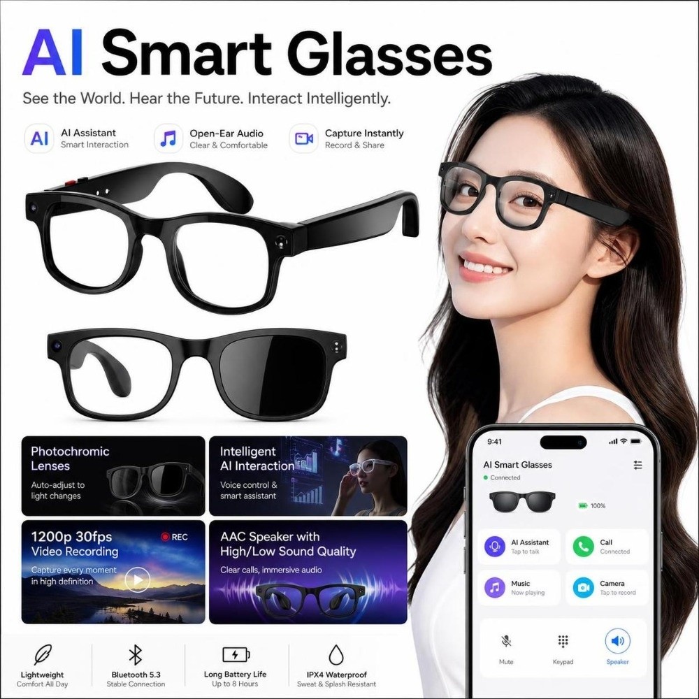 Smart Glasses Lens - 2 in 1 AIスマートグラス HD写真動画音声リアルタイム翻訳スマートAIグラス ブルーライトカット